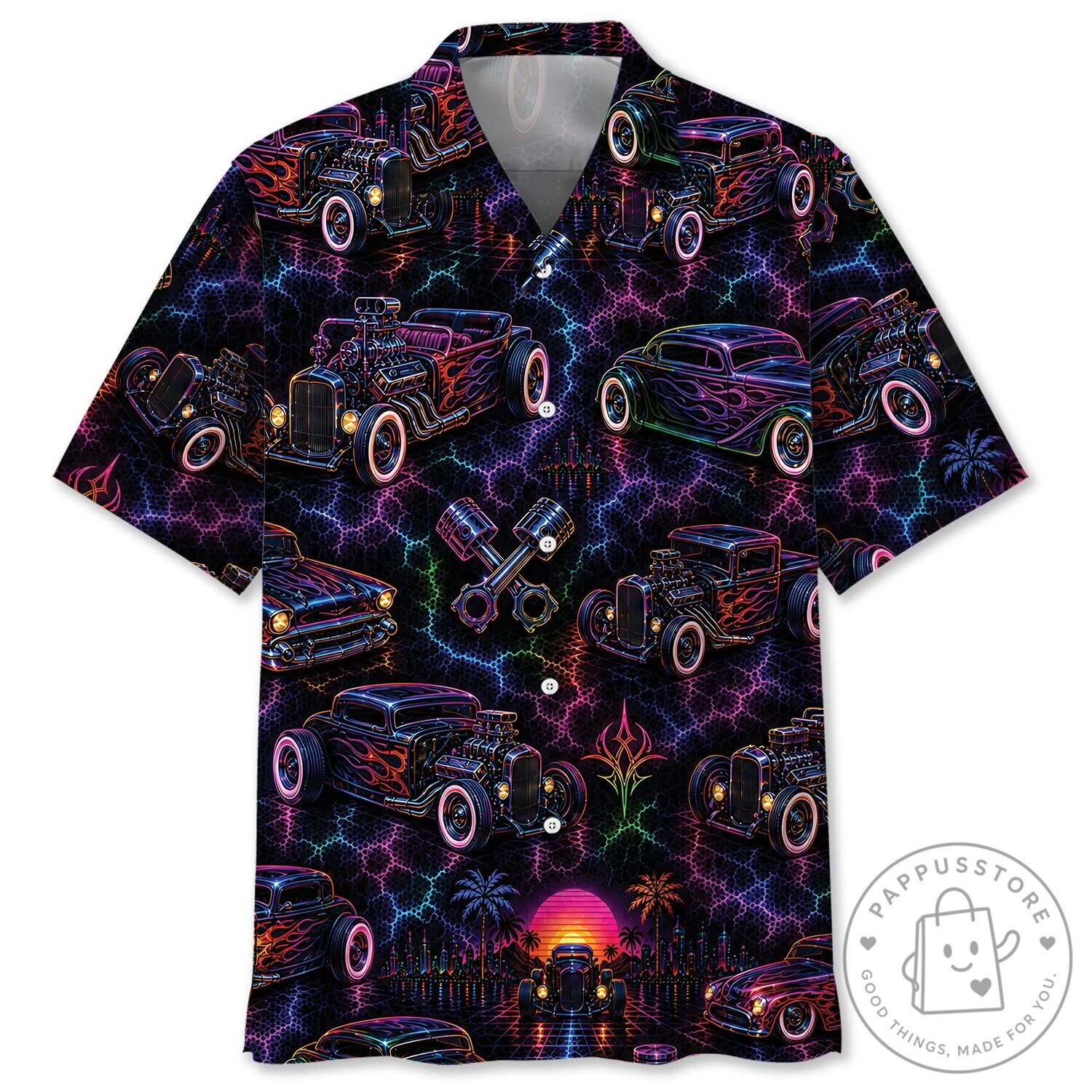 Midnight Hot Rod Neon Classic Cars Hawaiian Shirt for Men