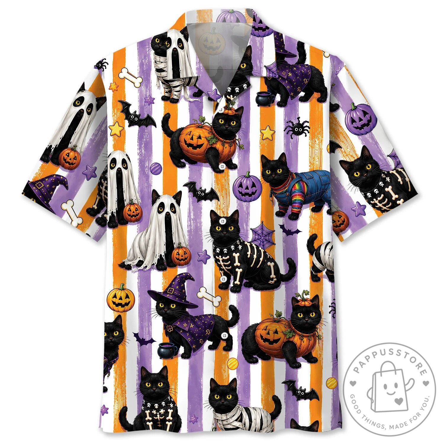 Halloween Costume Black Cat Pattern Hawaiian Shirt for Men and Women