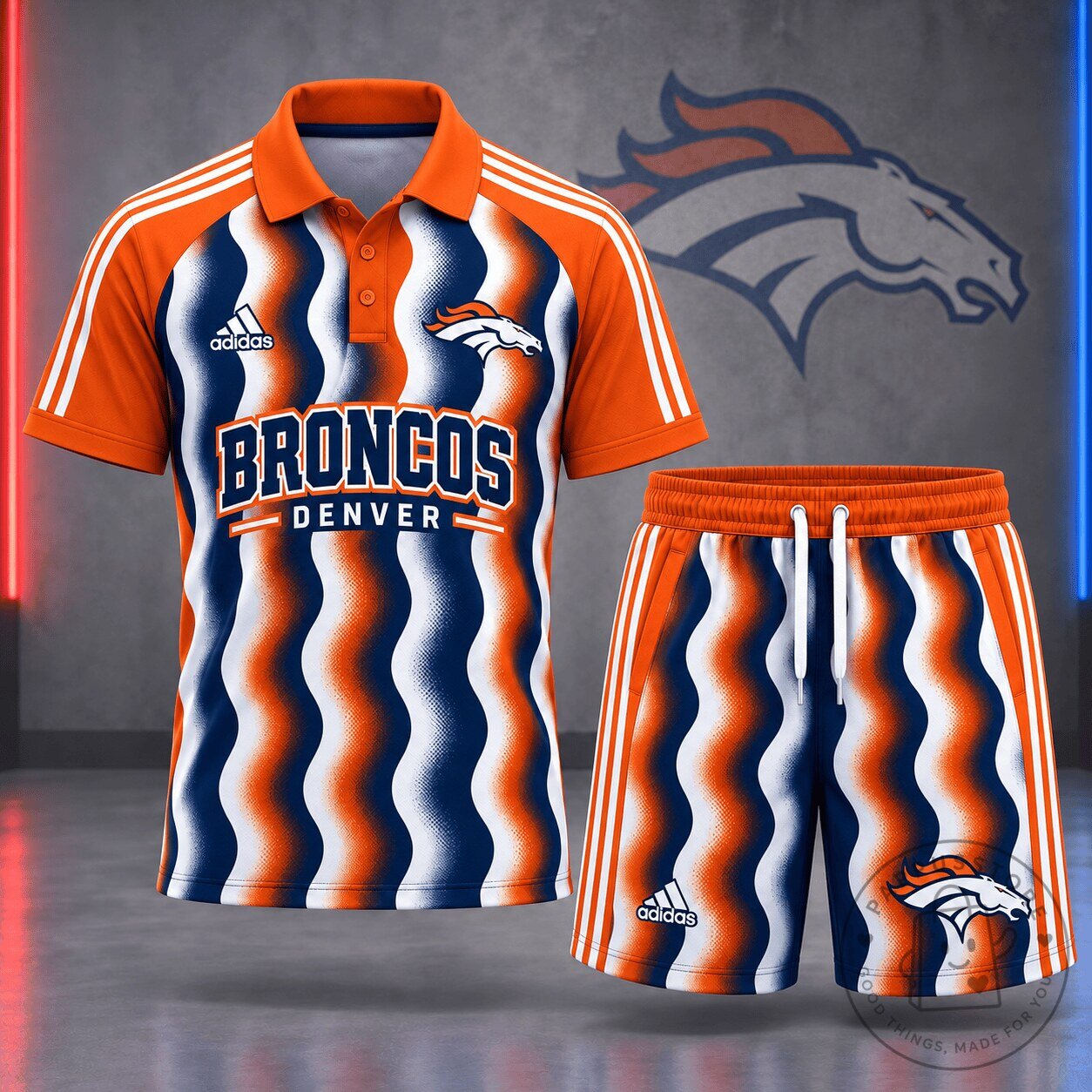 Denver Broncos NFL Team Wavy Stripes Polo Shirt and Shorts Set