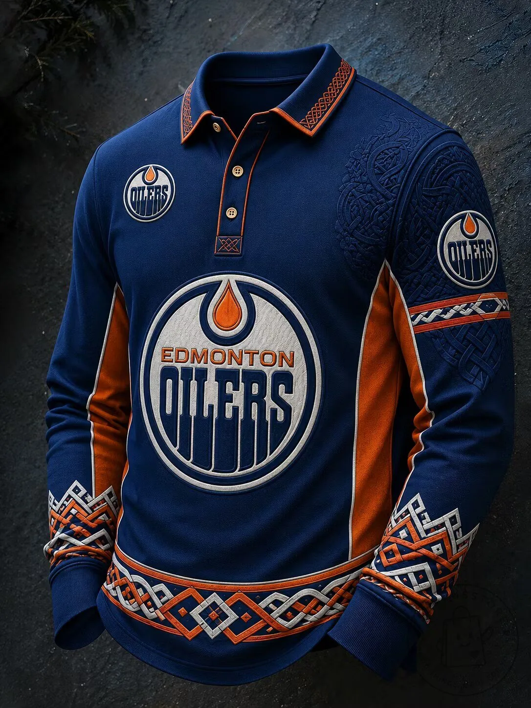 Edmonton Oilers Celtic Knot Pattern Long-Sleeve Polo Shirt