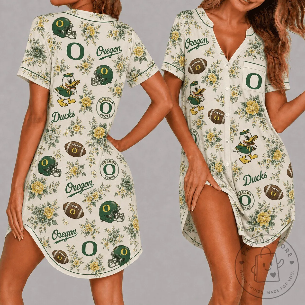 Floral Print Women's Pajamas Dress for Oregon Ducks NCAA Football Team