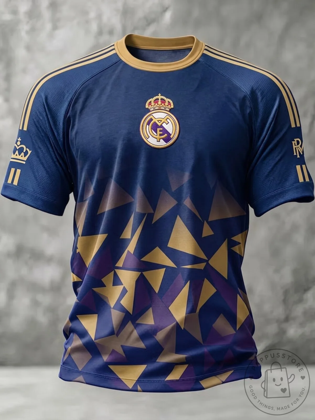 Real Madrid Crown Crest Blue and Gold Geometric Pattern Football Jersey