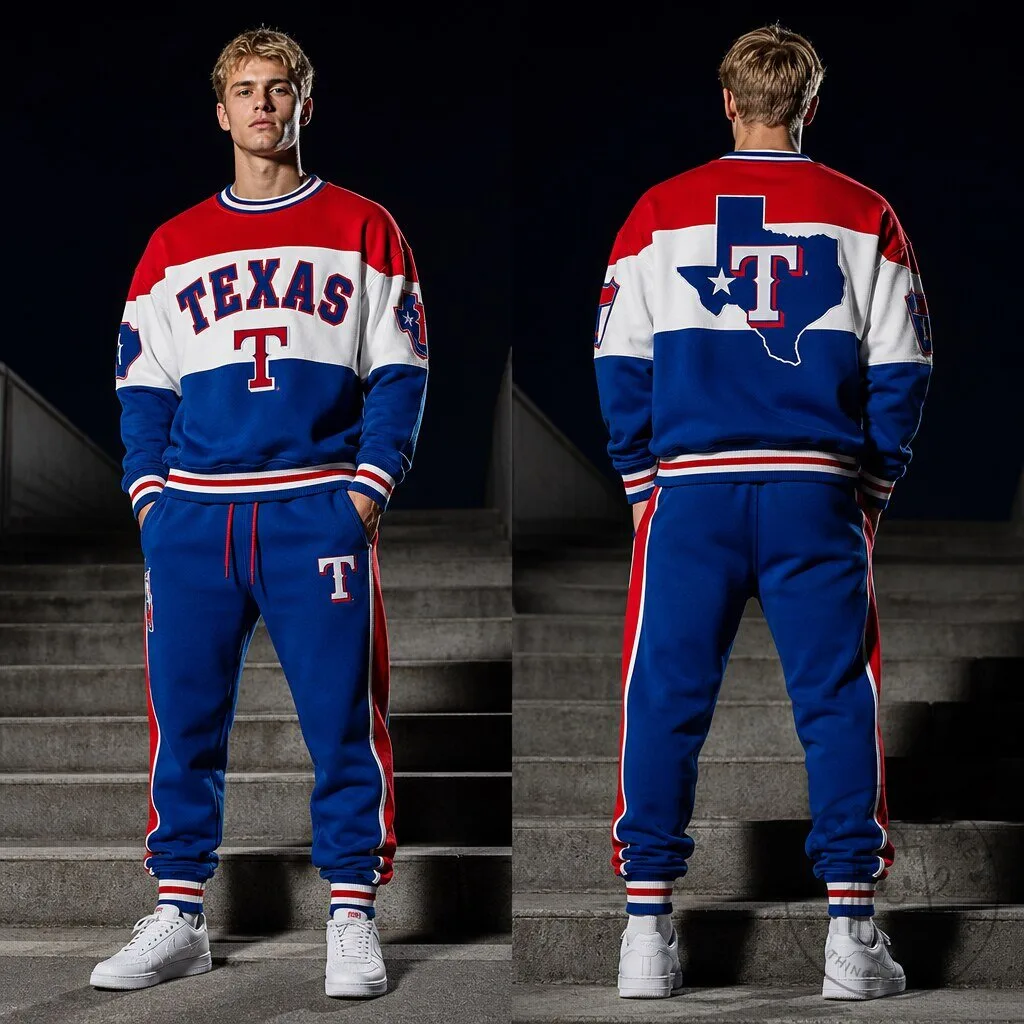 Red, White, and Blue Crewneck Sweatshirt with Texas Rangers Baseball Team Logo