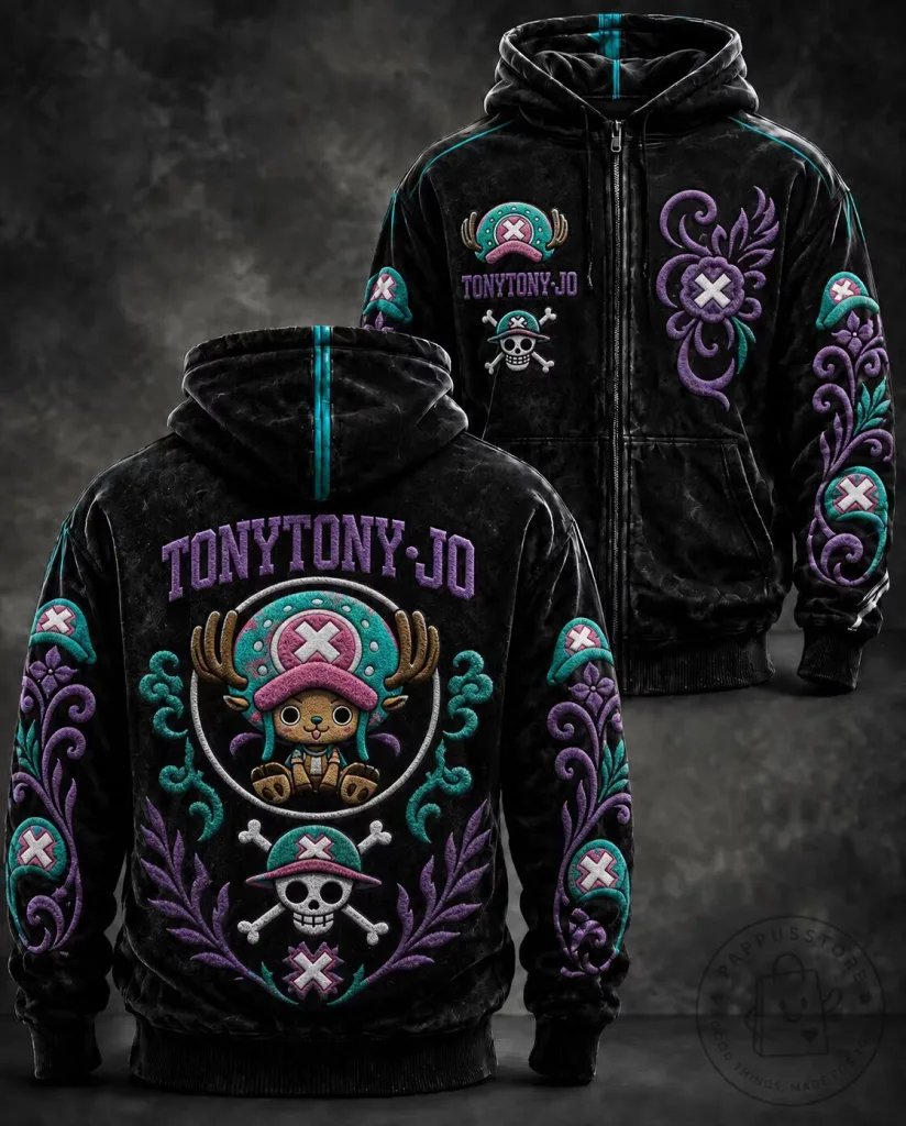 Tony Tony Chopper One Piece Anime Embroidered Full-Zip Hoodie 9 Tony Tony Chopper One Piece Anime Embroidered Full-Zip Hoodie
