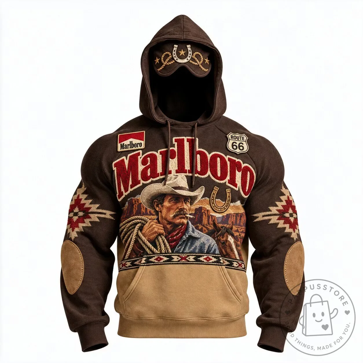 Marlboro Cowboy Route 66 Western Rodeo Brown Hoodie