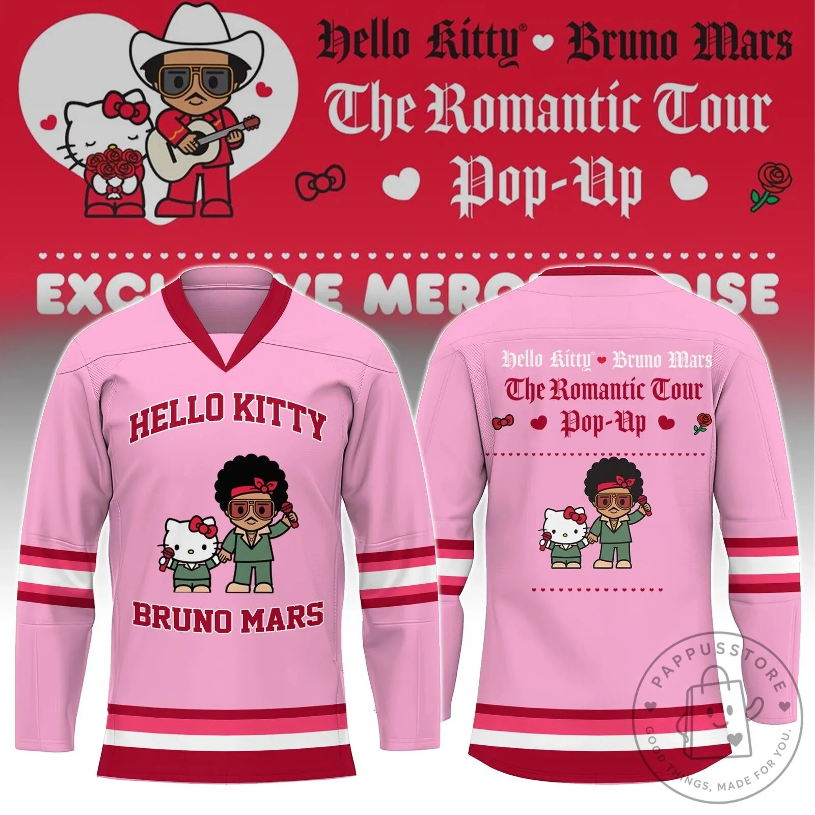 Hello Kitty Bruno Mars The Romantic Tour Pop-Up Pink Hockey Jersey