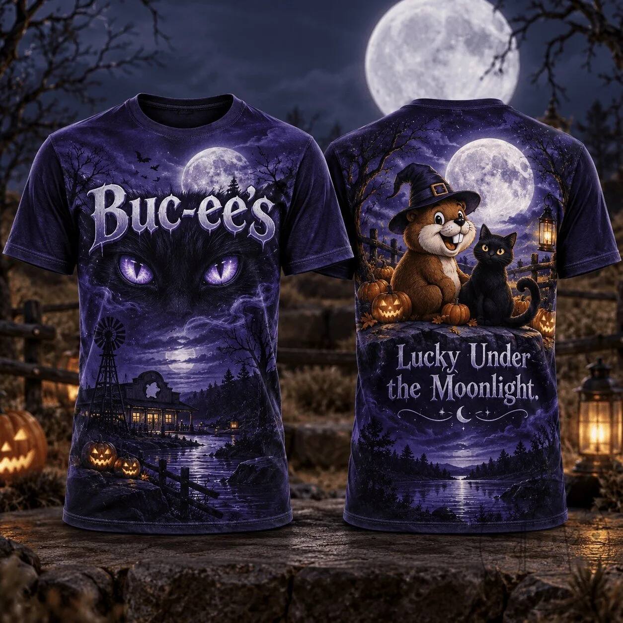 Buc-ee's Halloween Cat Shirt Lucky Under the Moonlight Purple Black T-Shirt