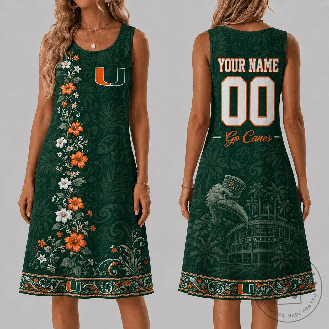 Miami Hurricanes Personalized Floral Sleeveless Summer Dress