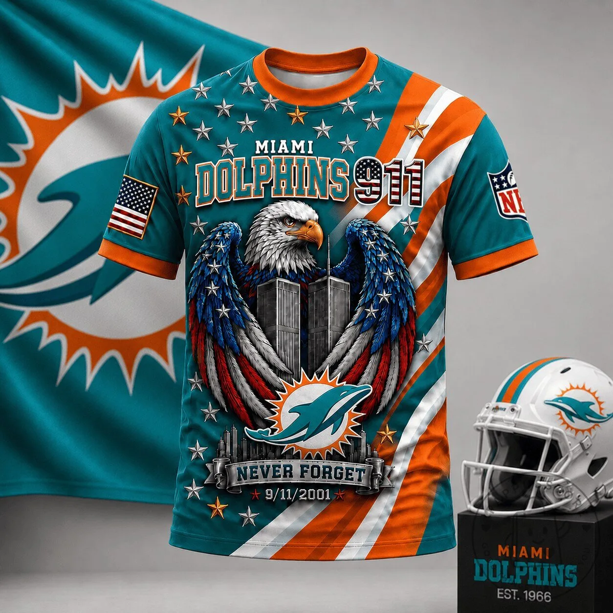 Miami Dolphins Shirt 9/11 Never Forget American Flag Eagle T-Shirt