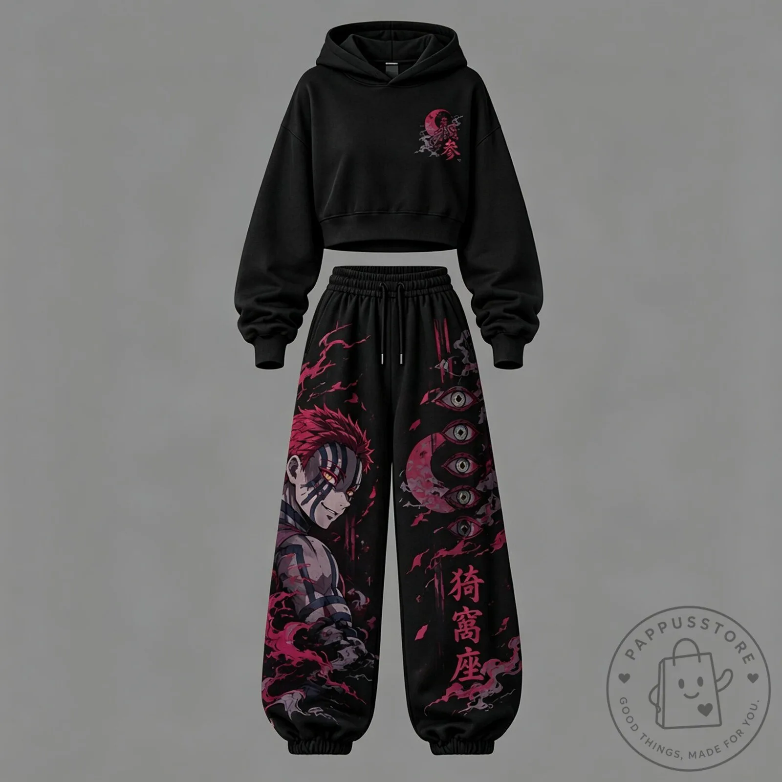 Demon Slayer Akaza Cropped Hoodie and High Waisted Jogger Pants Set