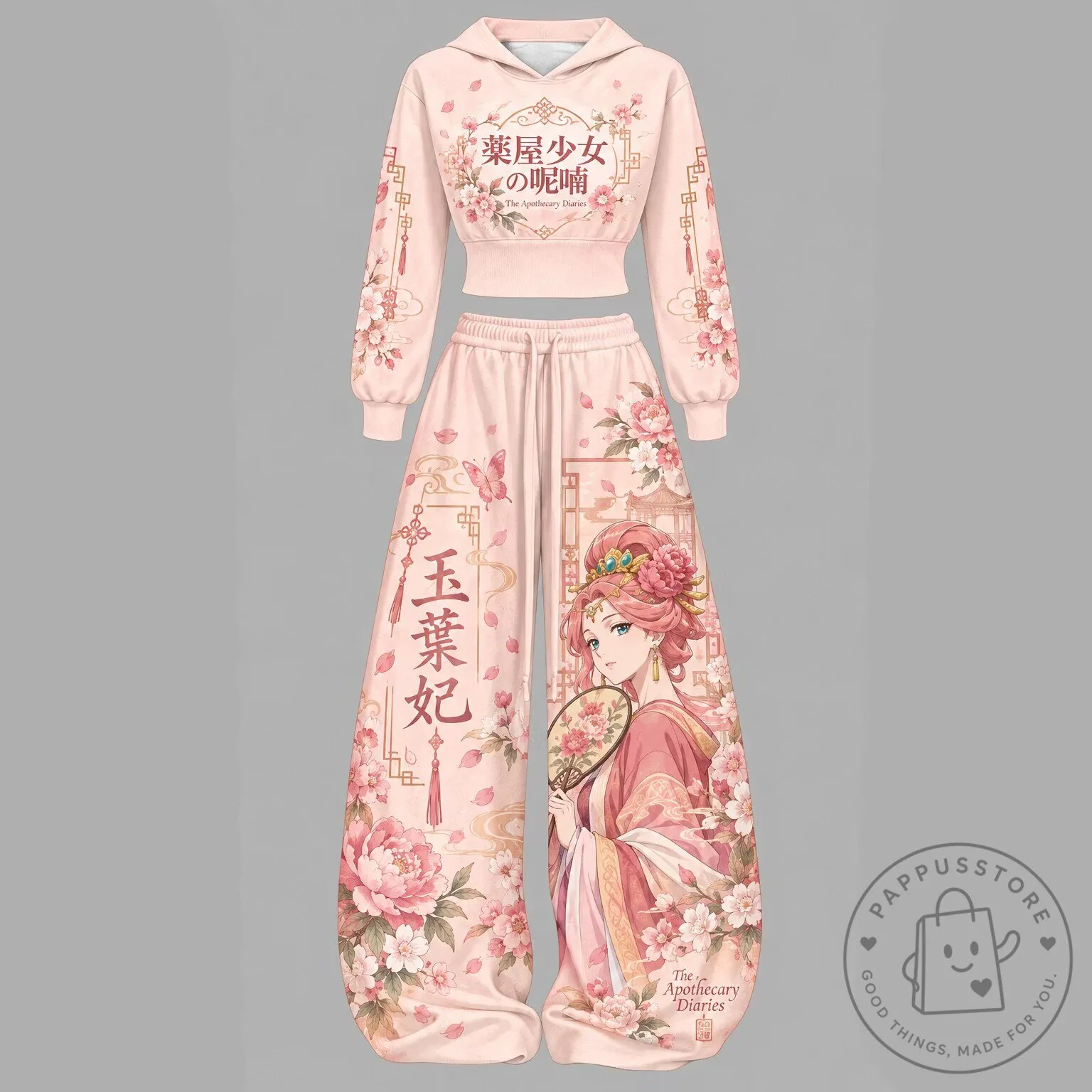 The Apothecary Diaries Anime Manga Pink Floral Cropped Hoodie and Pants Set