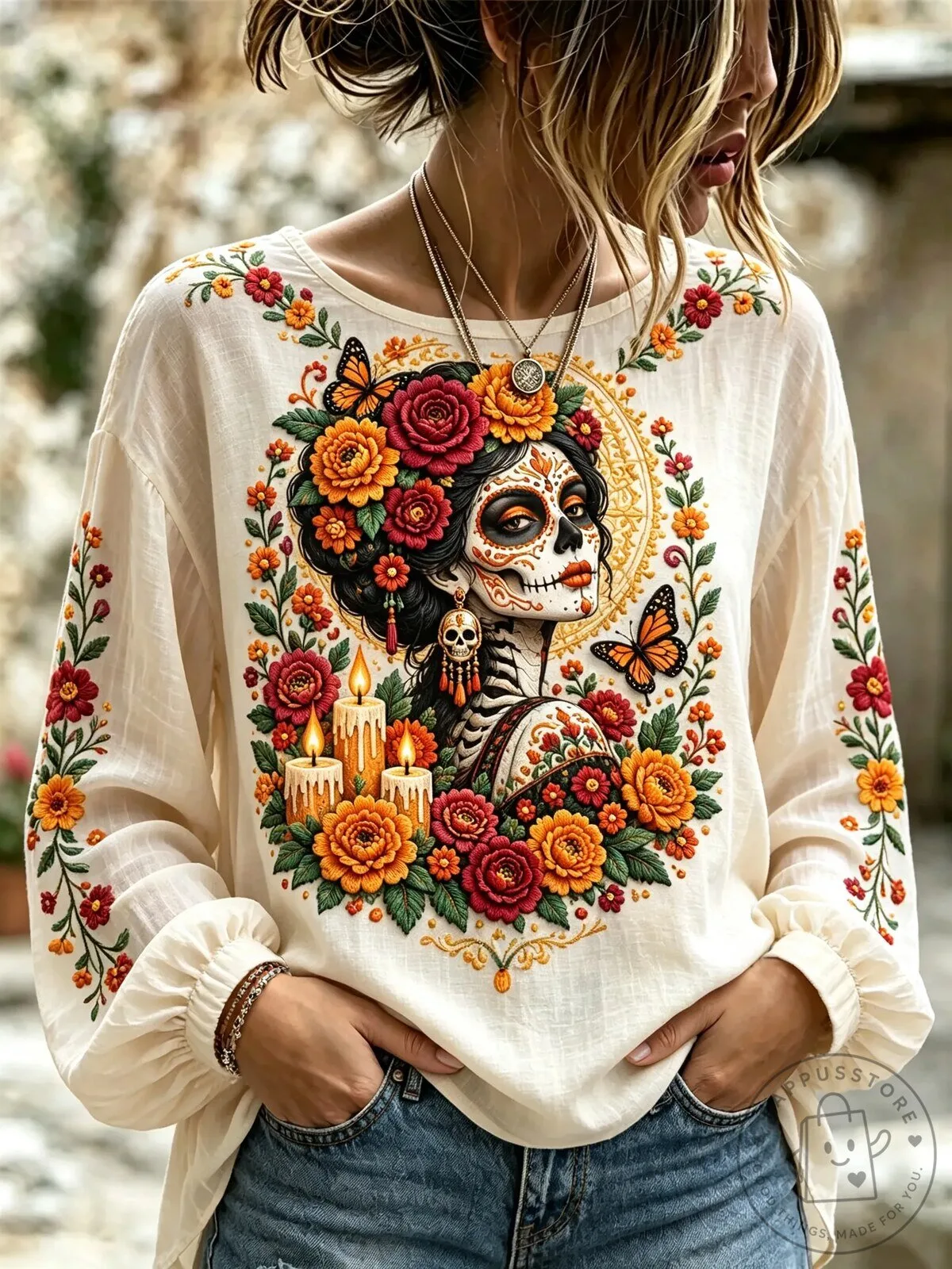 Day of the Dead Sugar Skull Floral Art Women's Long-Sleeve Shirt