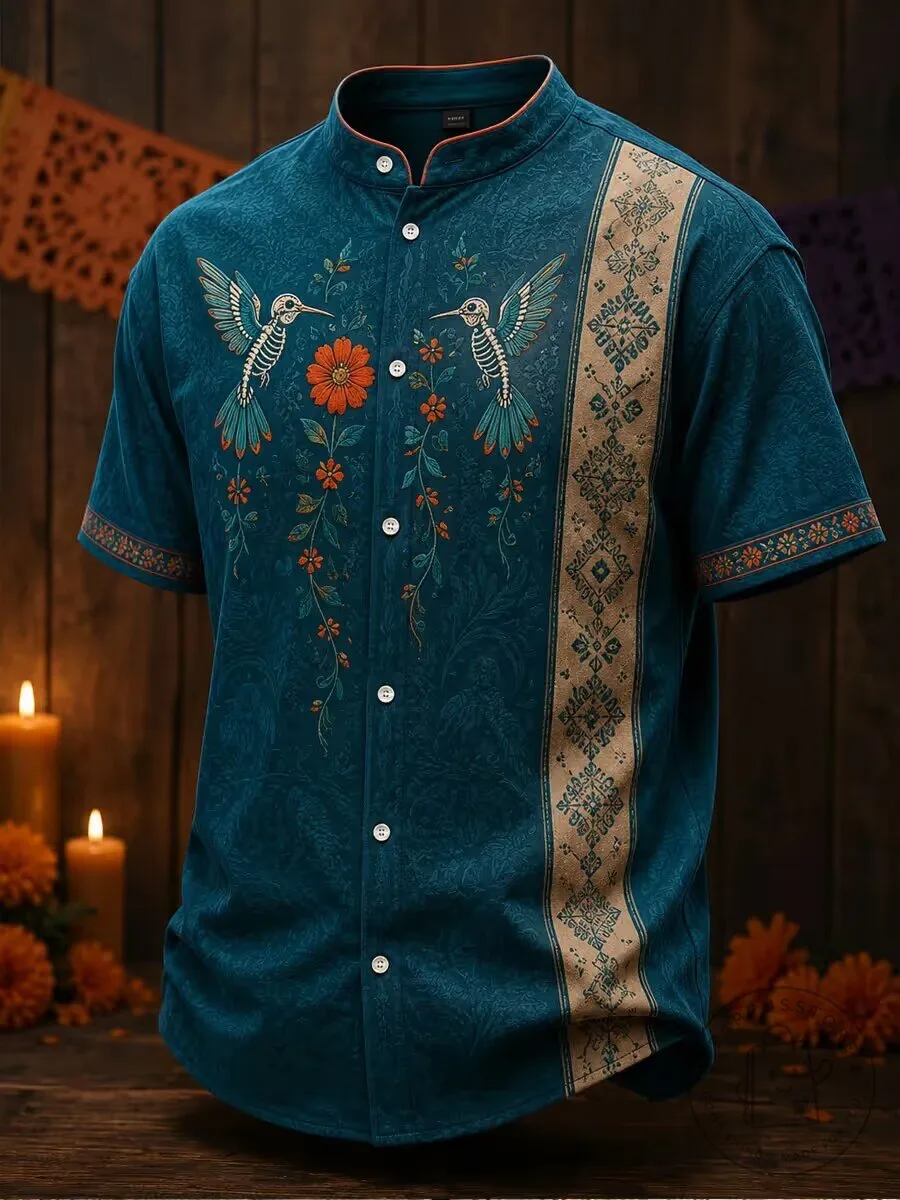 Day of the Dead Hummingbird Floral Teal Button Up Hawaiian Shirt