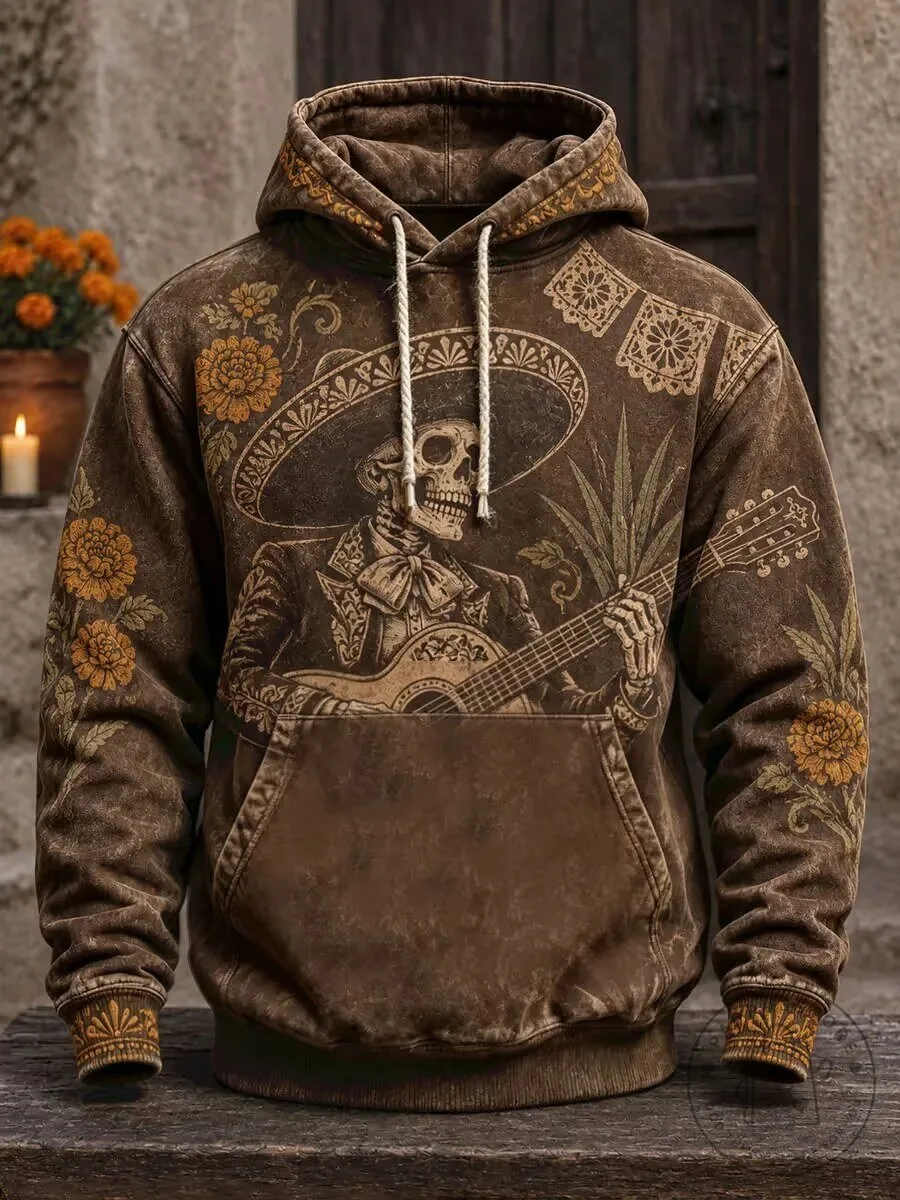 Day of the Dead Skeleton Mariachi Guitar Player Brown Hoodie