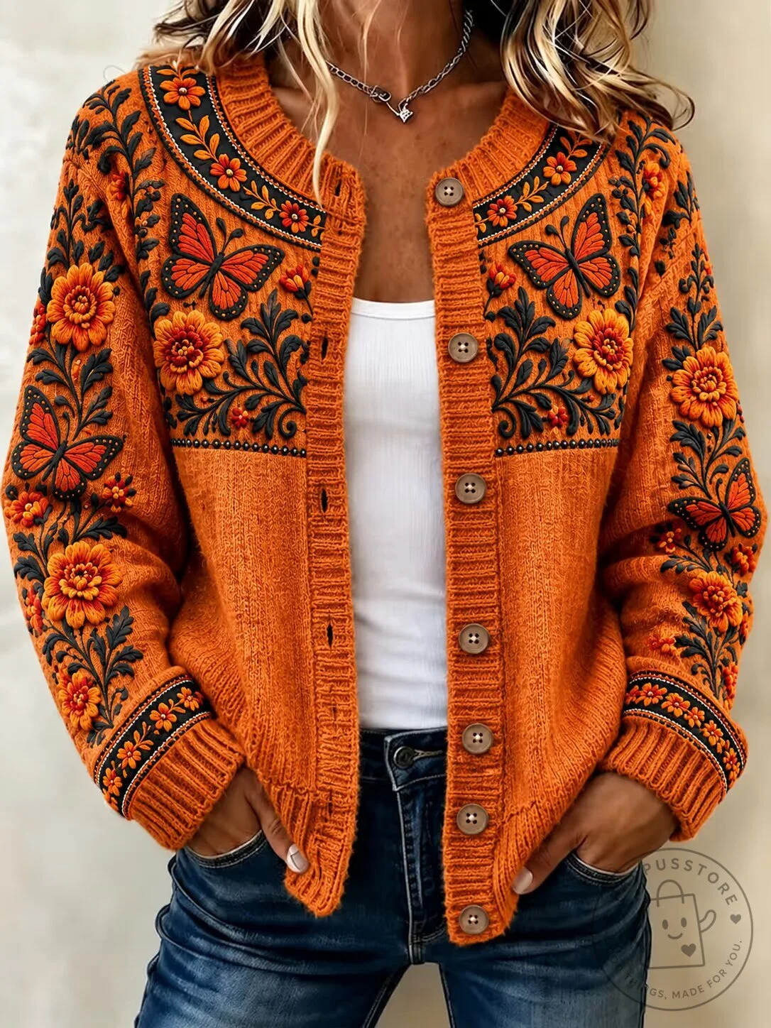 Women's Orange Floral Butterfly Embroidered Knit Cardigan Sweater