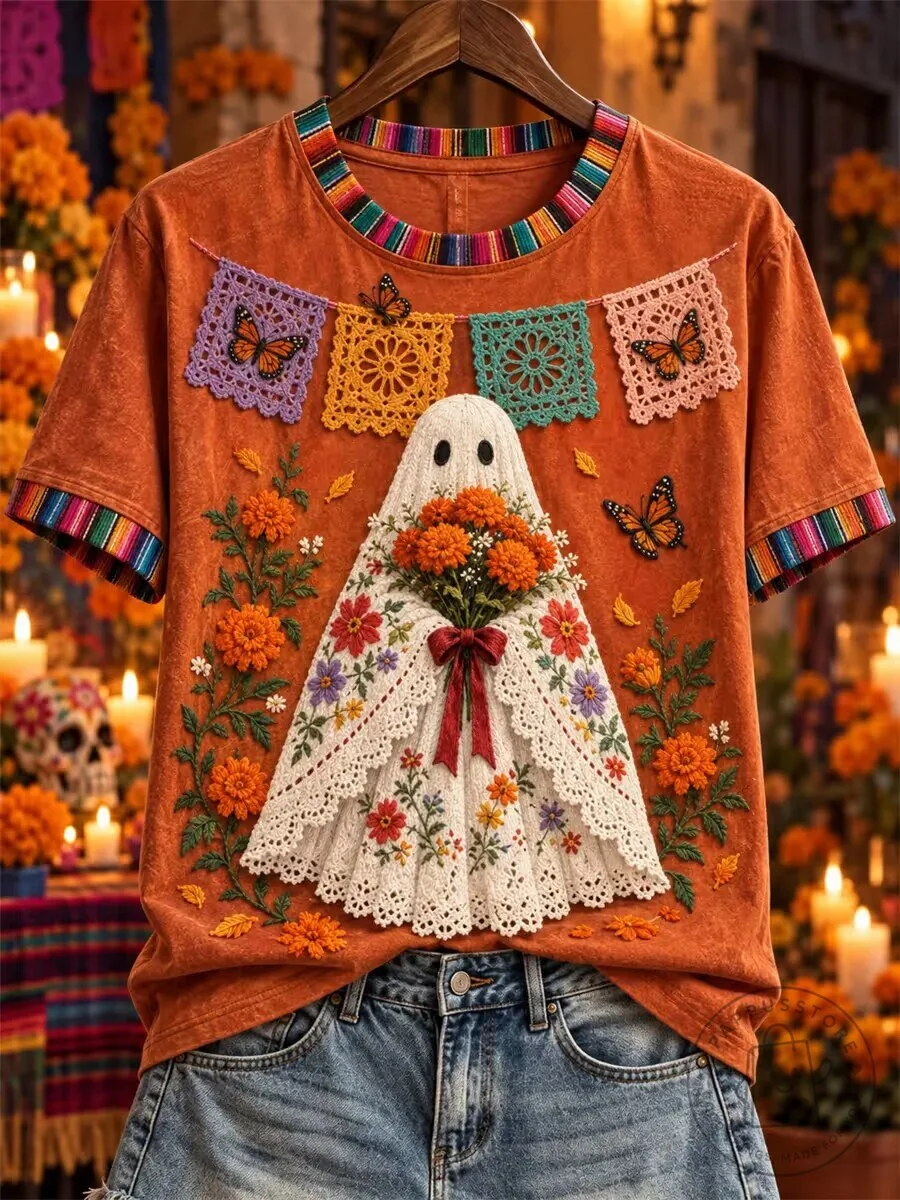 Day of the Dead Ghost Floral Embroidered Orange Short Sleeve T-Shirt