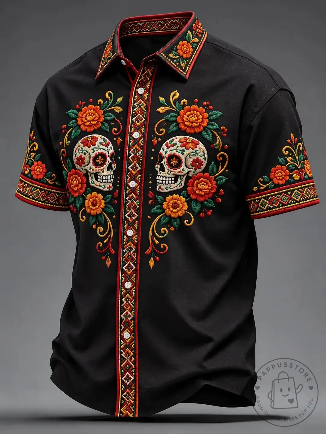 Day of the Dead Sugar Skull Floral Embroidered Men's Hawaiian Shirt