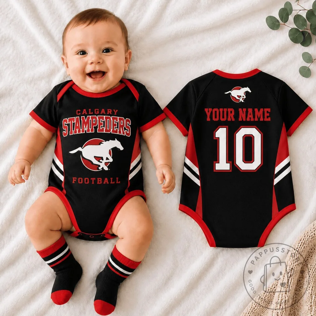 Calgary Stampeders Football Personalized Baby Romper with Custom Name and Number 20 Calgary Stampeders Football Personalized Baby Romper with Custom Name and Number