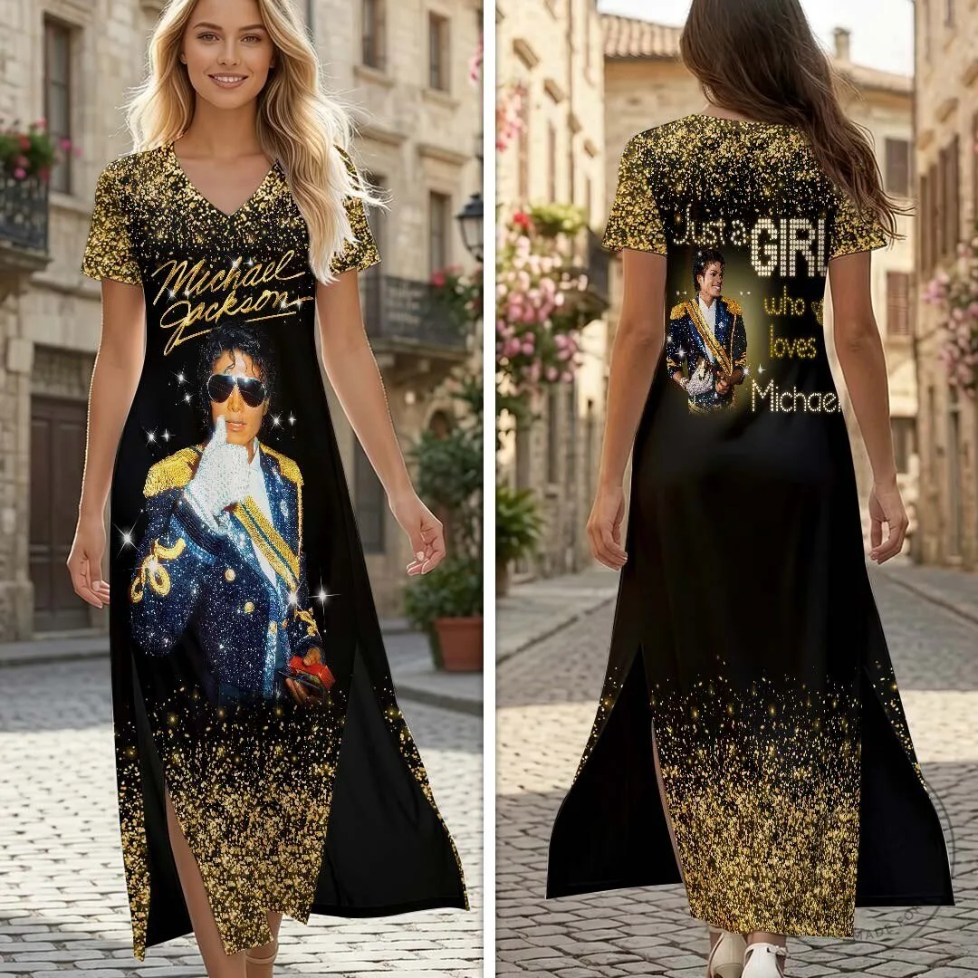 Michael Jackson King of Pop Gold Sparkle Short Sleeve Maxi Dress