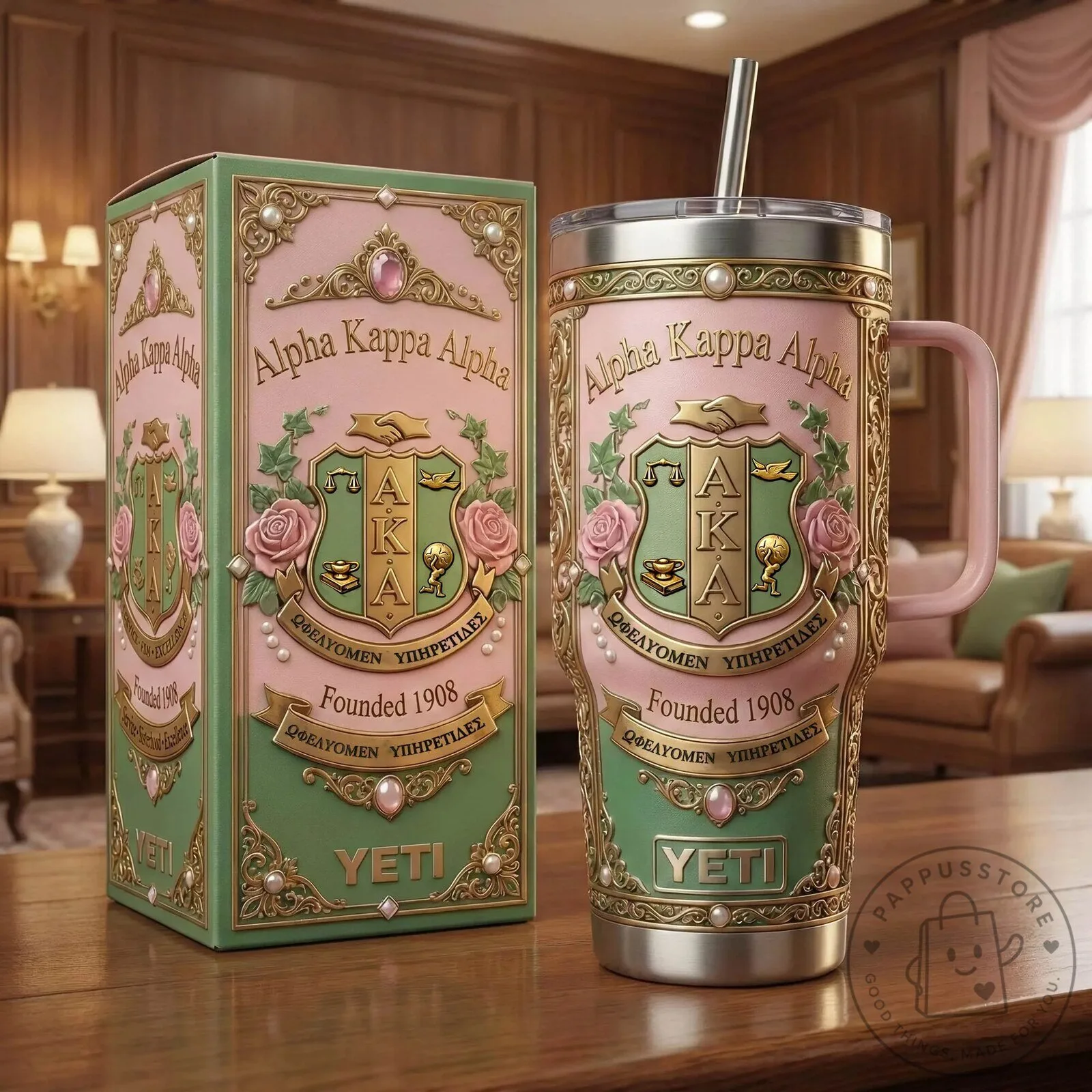 Alpha Kappa Alpha Sorority Incorporated Pink and Green YETI Tumbler with Handle