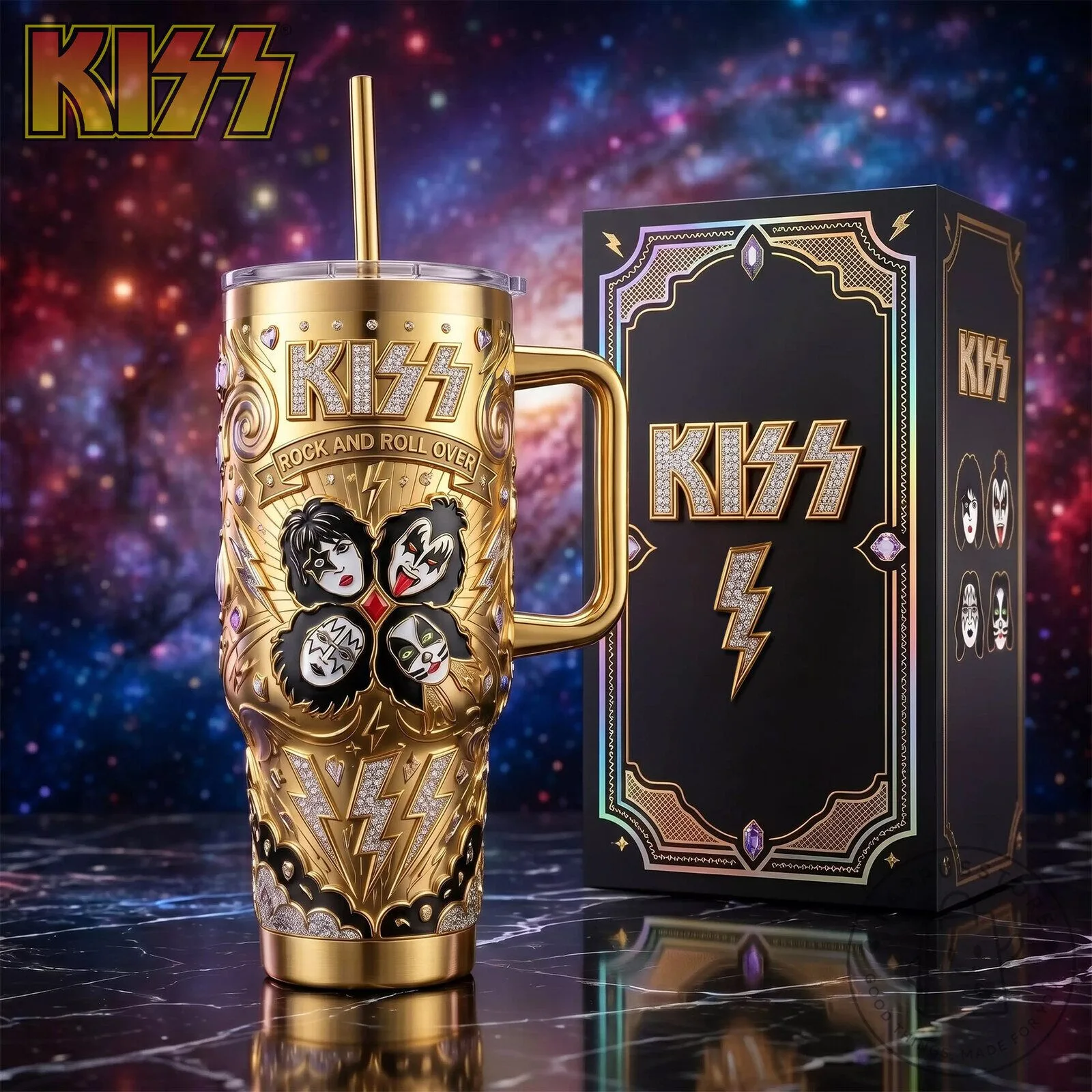 KISS Rock and Roll Over Band Members Gold Stainless Steel Tumbler with Handle