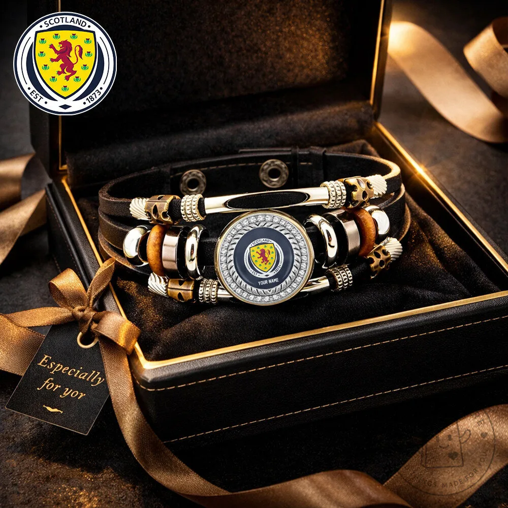 Scotland National Football Team Crest Leather Bracelet, Custom Engraved Name Gift