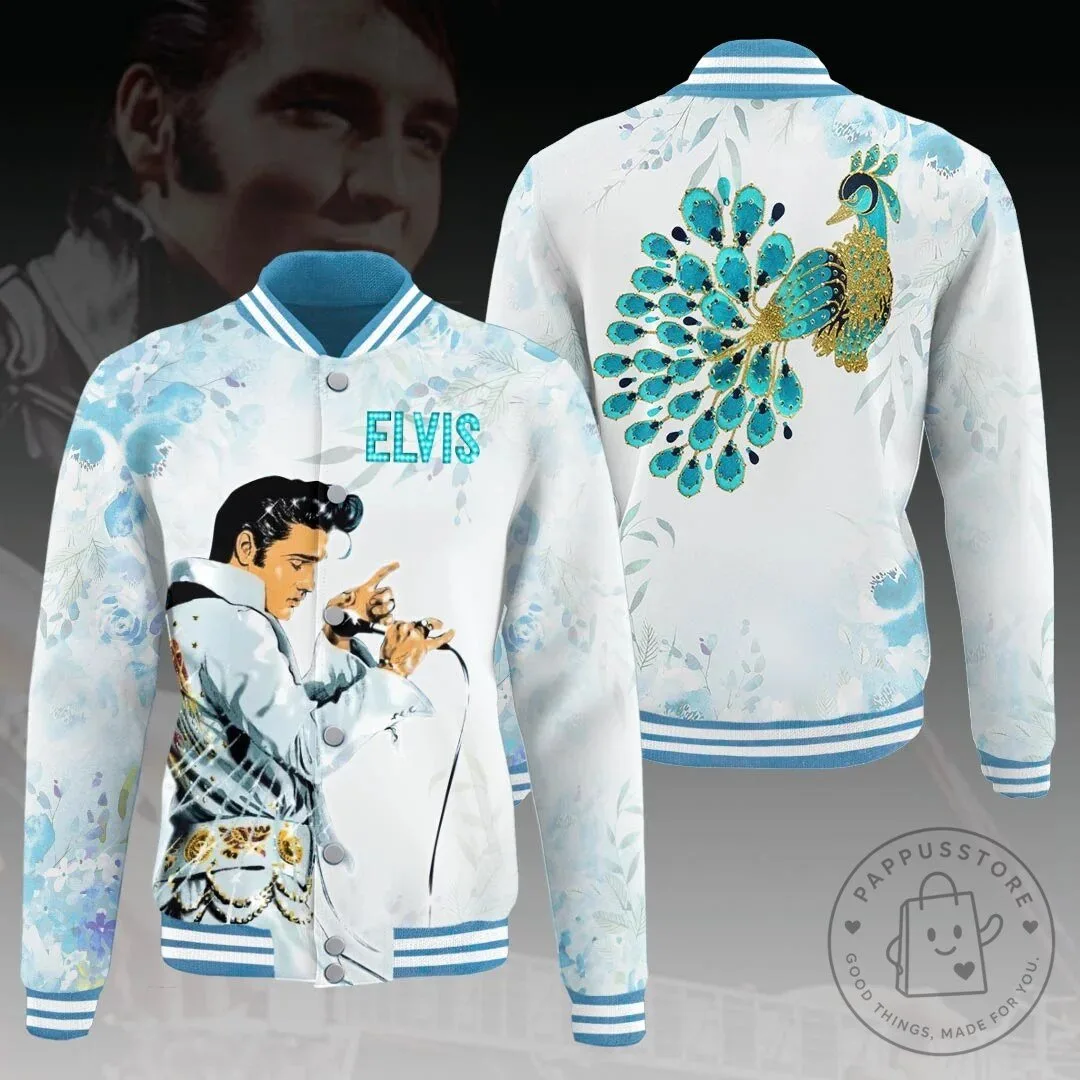 Elvis Presley Blue Floral Peacock Design Varsity Jacket
