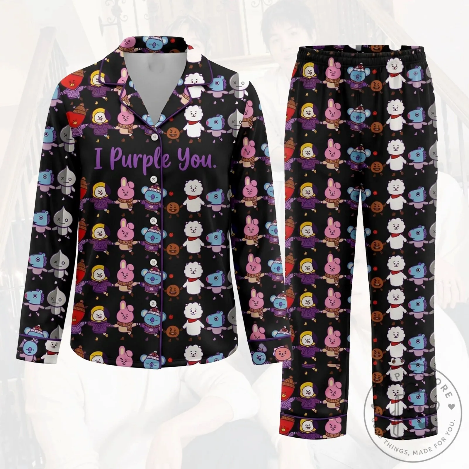BT21 I Purple You Christmas Black Pajama Set for Women