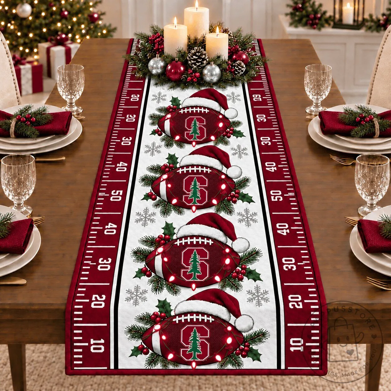 Christmas Football Field Table Runner featuring Stanford Cardinal Design