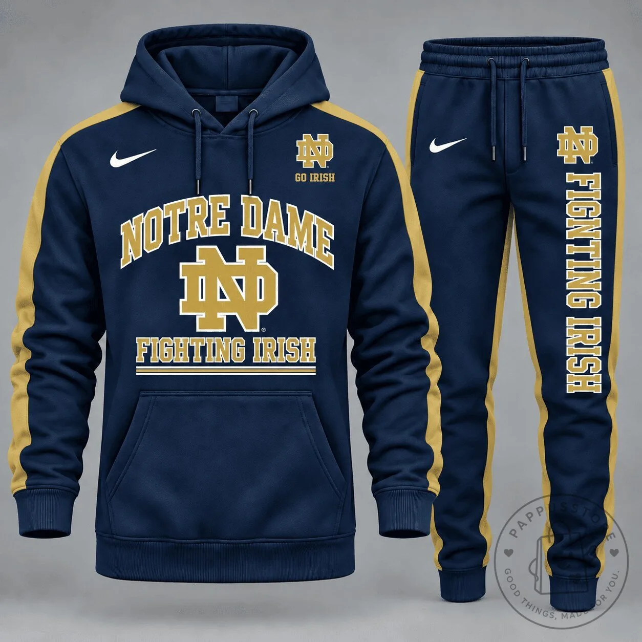 Notre Dame Fighting Irish NCAA Team Logo Navy Blue and Gold Hoodie and Pants Set