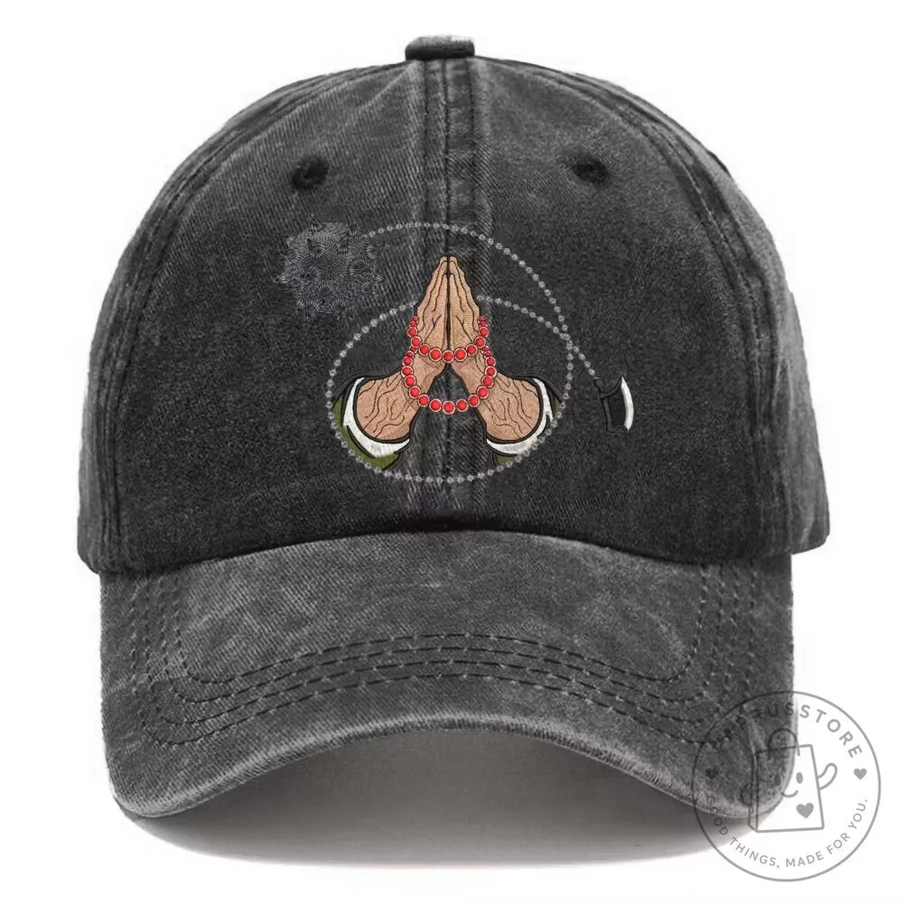 Praying Hands Rosary Beads Embroidered Washed Denim Cap Hat