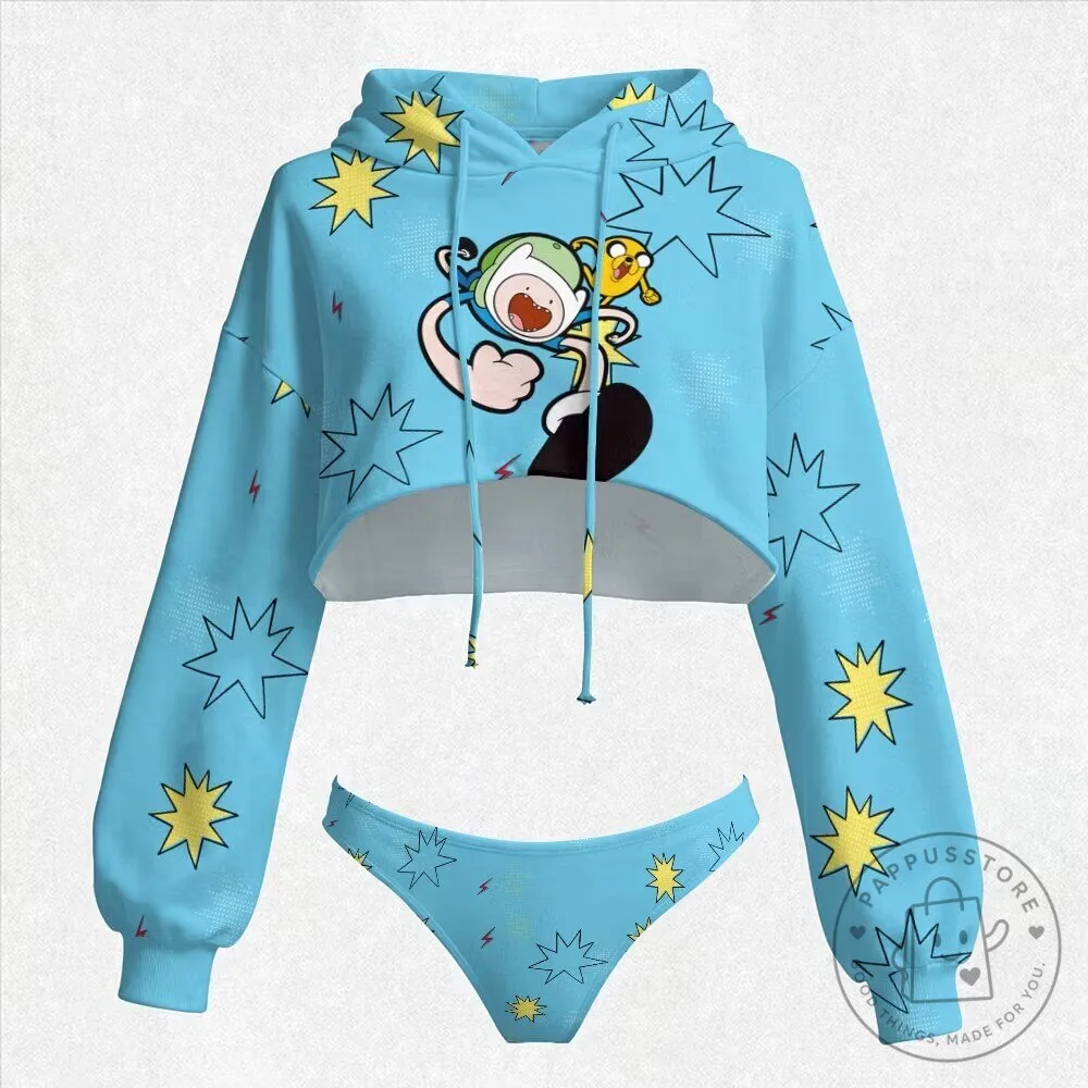 Adventure Time Finn and Jake Cartoon Women's Cropped Hoodie and Underwear Set