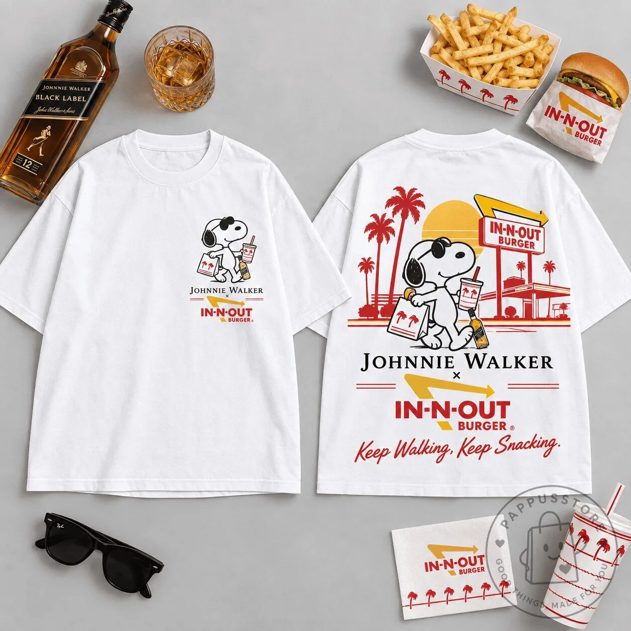 Snoopy Johnnie Walker In-N-Out Burger Keep Walking Keep Snacking T-Shirt
