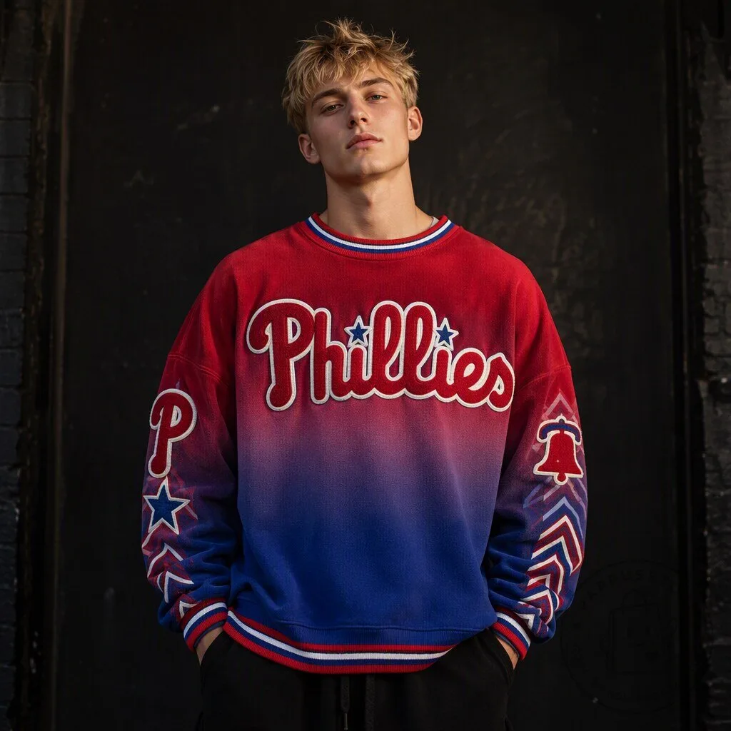 Philadelphia Phillies Red Blue Gradient Crewneck Sweatshirt for Men