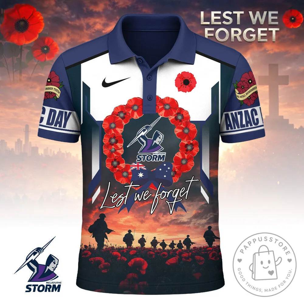Anzac Day Polo Shirt – Lest We Forget, Melbourne Storm Design