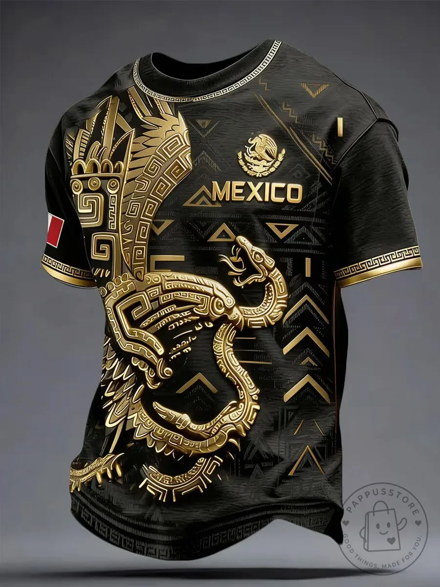 Mexico Soccer Aztec Dragon Gold Print Men's T-Shirt