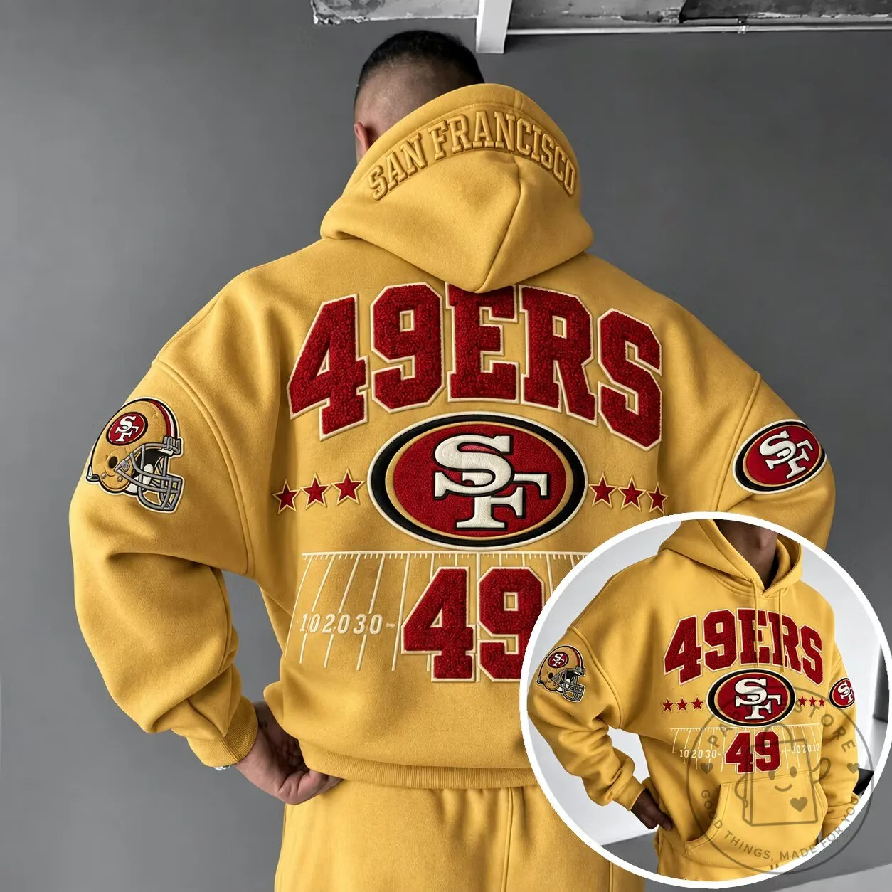 San Francisco 49ers Embroidered Gold Football Team Hoodie