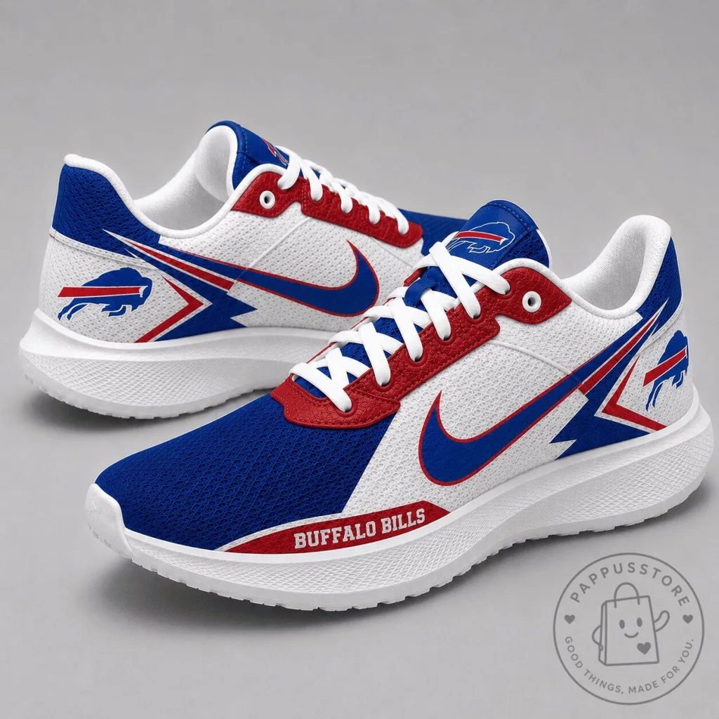 Buffalo Bills Team Logo White and Blue Athletic Running Shoes