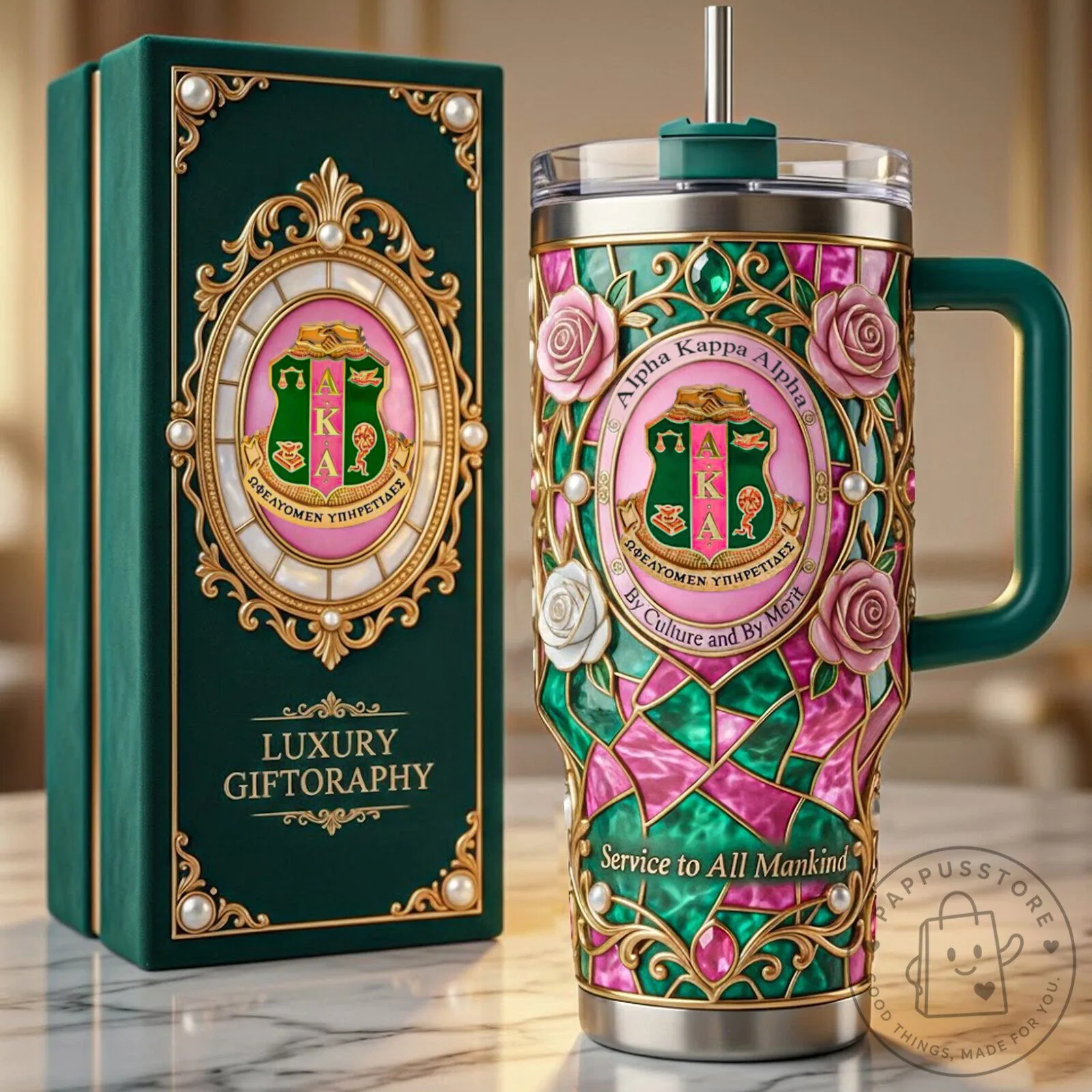 Alpha Kappa Alpha Sorority Stained Glass Tumbler with Handle