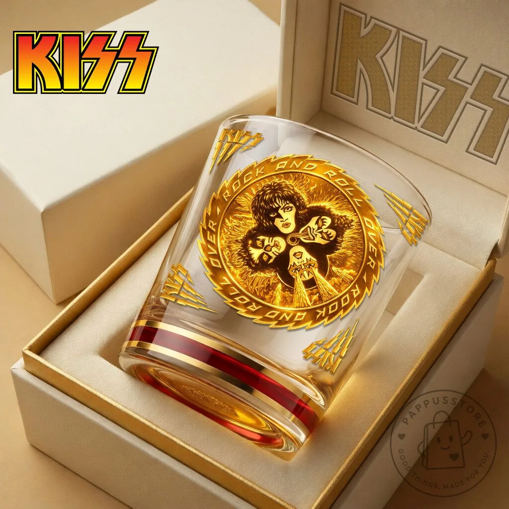 KISS Band Rock and Roll Over Gold Medallion Whiskey Glass