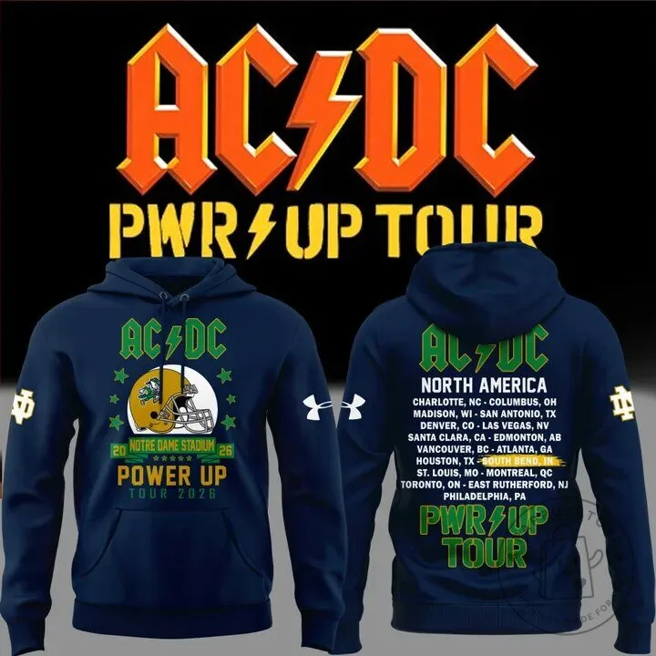 2026 Power Up Tour Hoodie for Notre Dame Football featuring AC/DC design