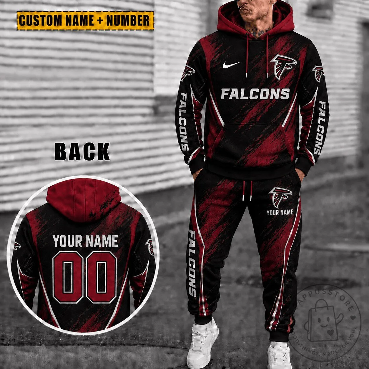 Custom Name and Number Hoodie with Sweatpants Set for Atlanta Falcons Fans