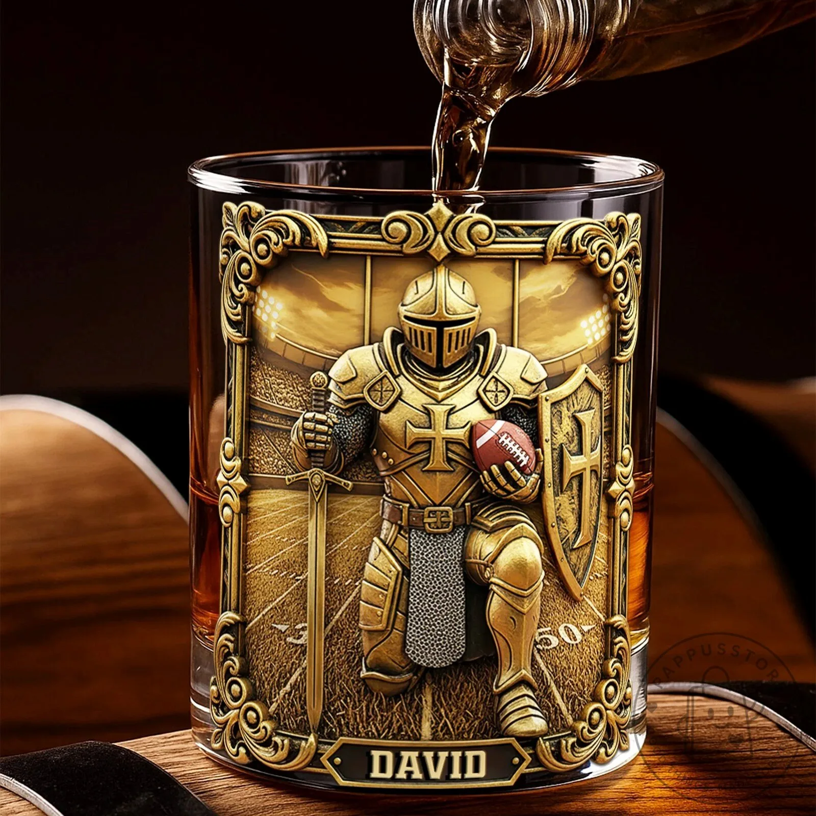 Kneeling Knight Football Player Personalized Whiskey Drinking Glass