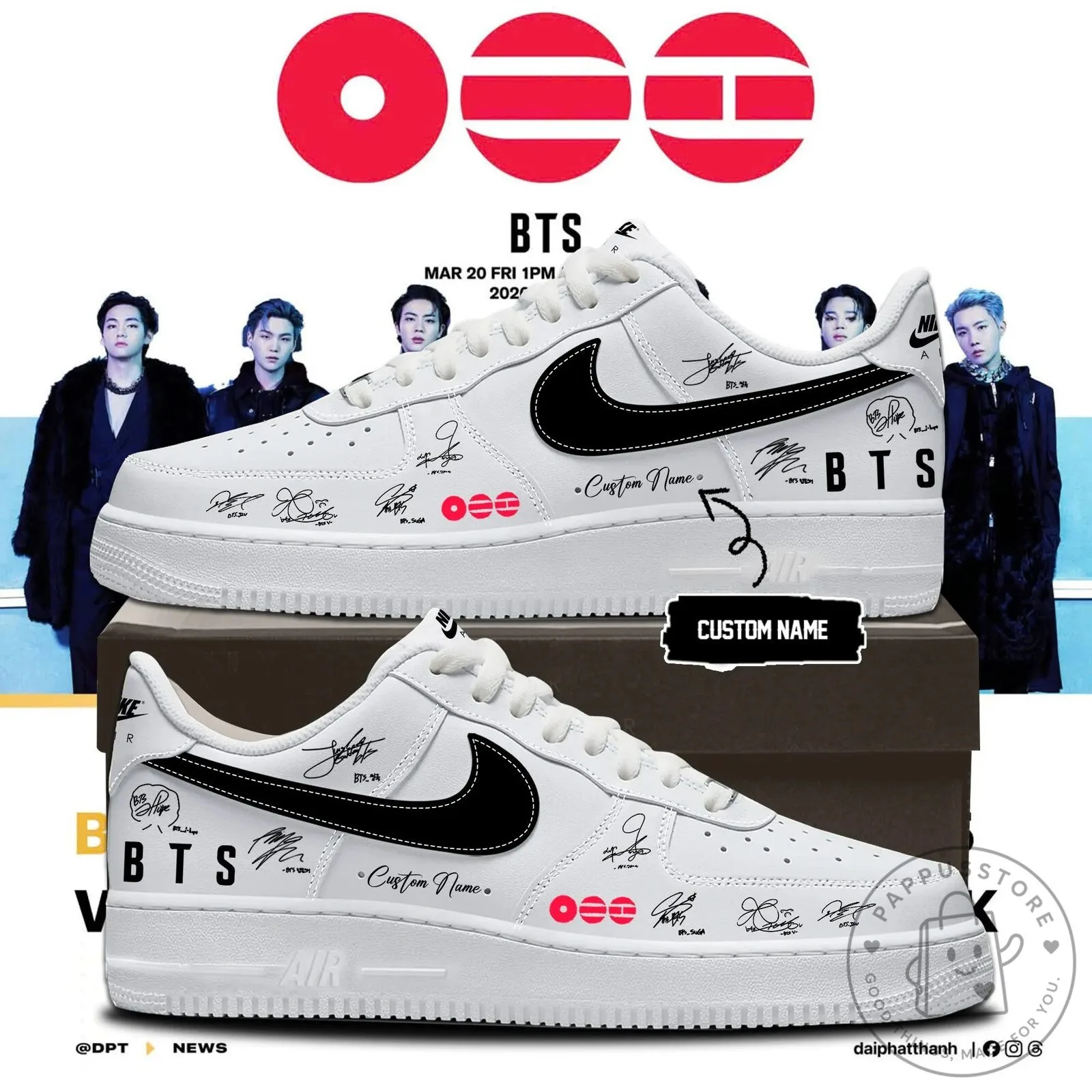 BTS K-Pop Band Signatures Custom Name White Air Force One Sneakers