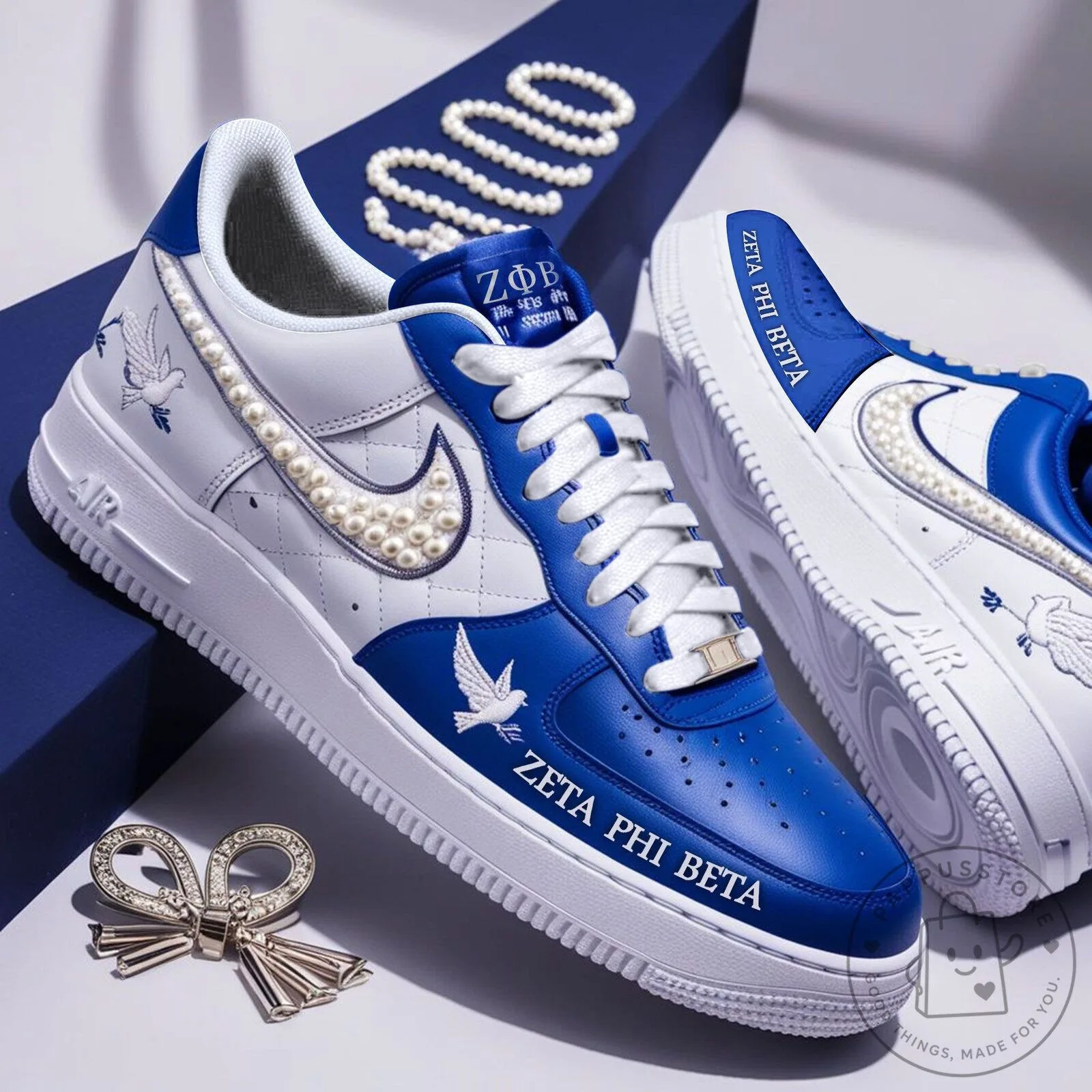 Zeta Phi Beta Sorority Pearl Embellished White and Blue Custom Sneakers