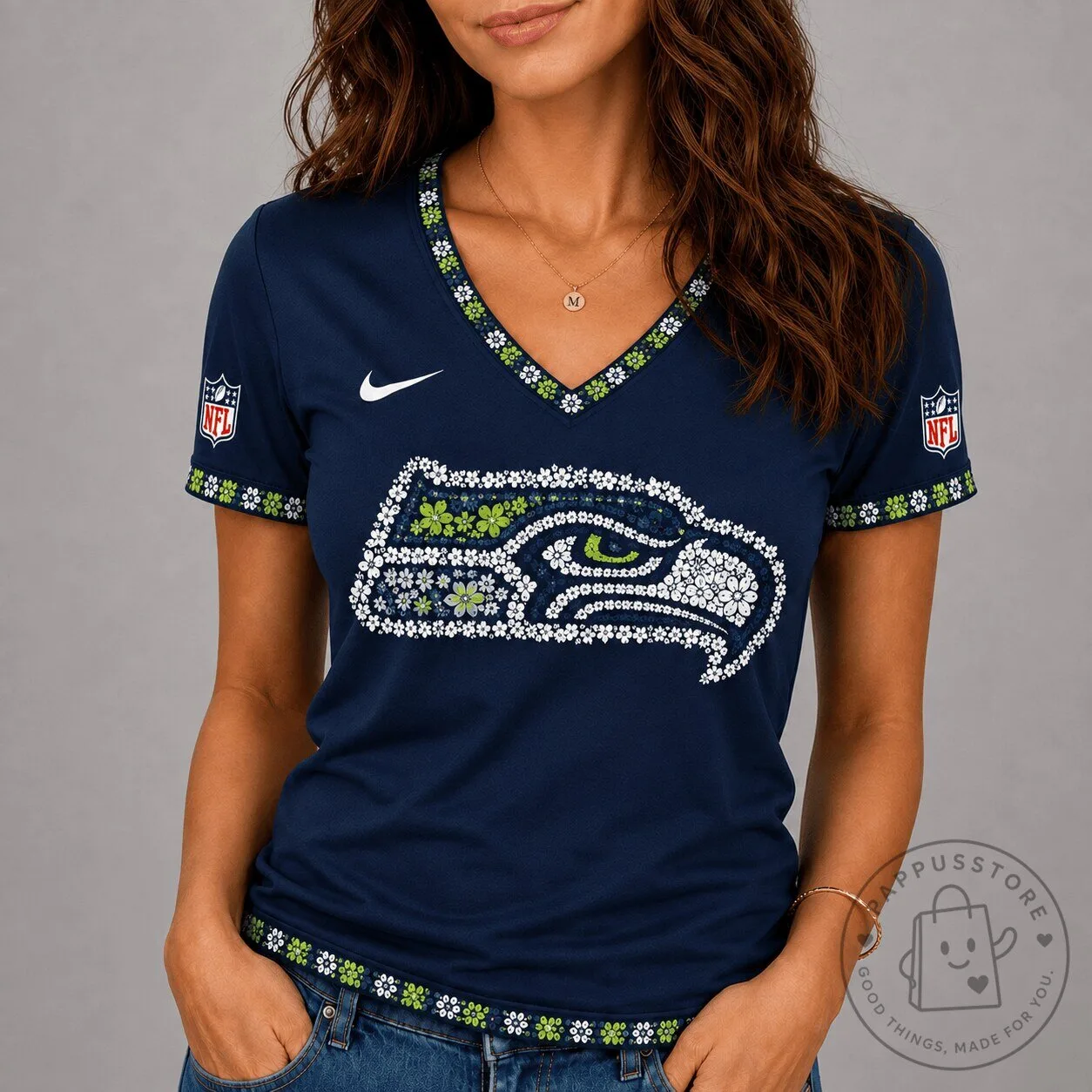 Seattle Seahawks Floral Logo Women's V-Neck Short Sleeve T-Shirt