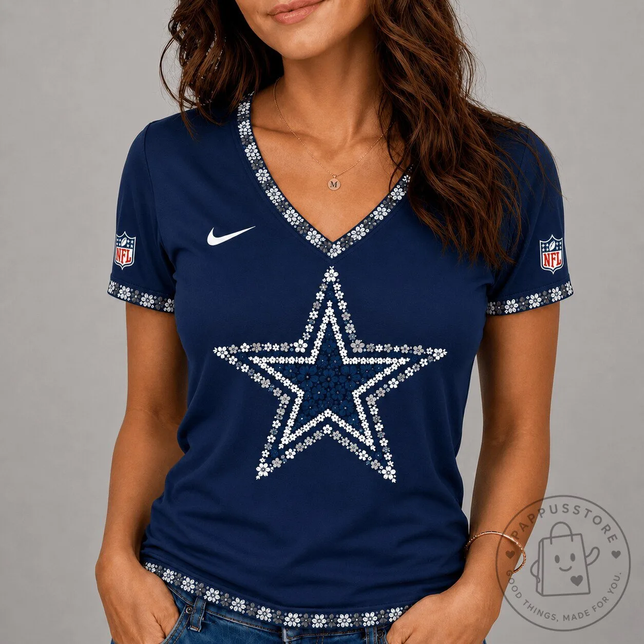 Dallas Cowboys Flower Logo NFL Football Team V-Neck Short Sleeve T-Shirt