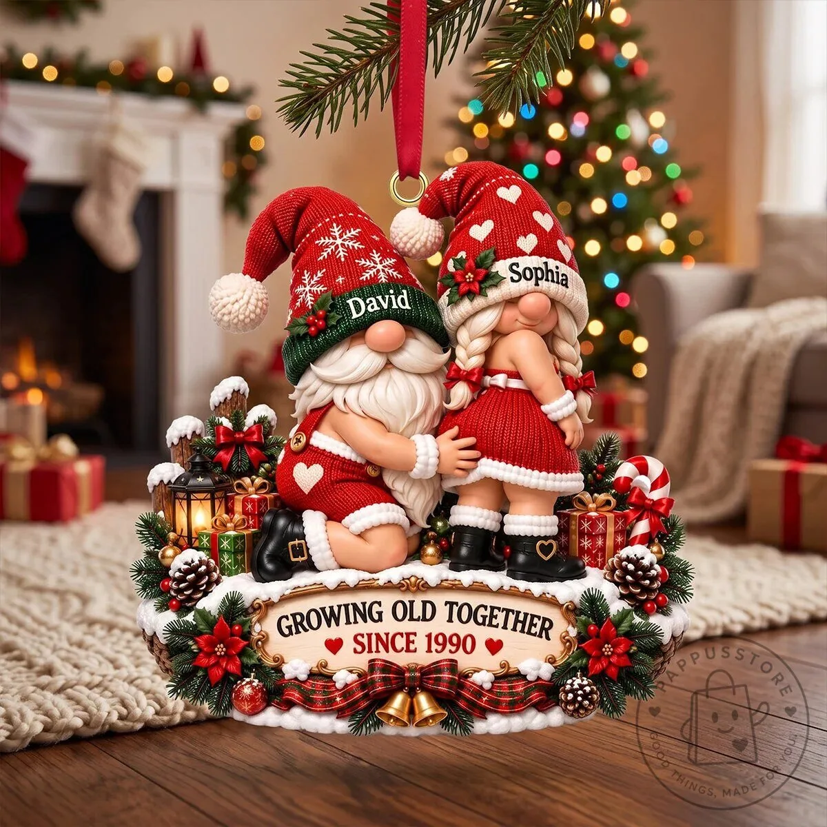 Personalized Christmas Gnomes Couple Ornament - Growing Old Together Since 1990