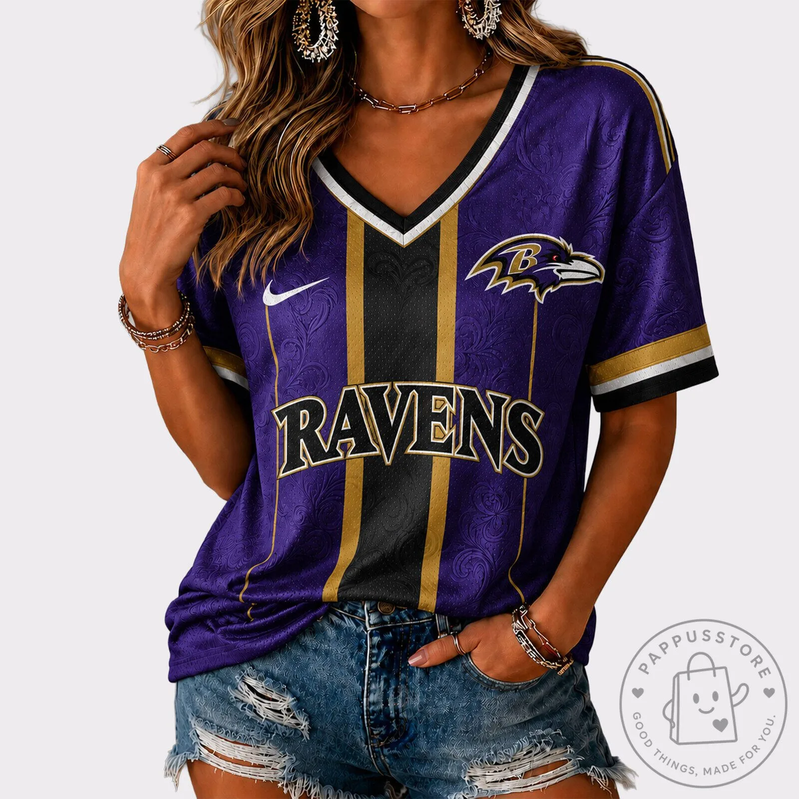 Baltimore Ravens Football Team Purple and Black Striped V-Neck Short Sleeve Jersey