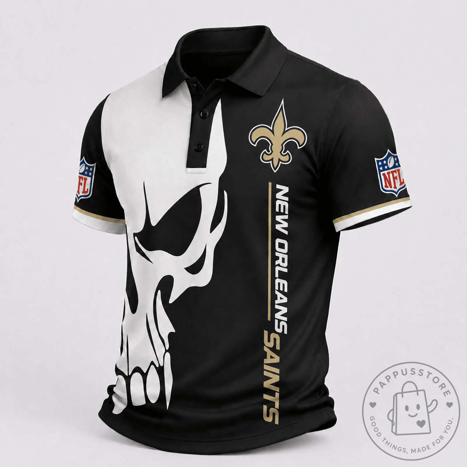 New Orleans Saints Skull Game Day Black And Gold Polo Shirt